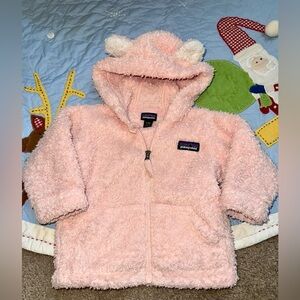 Patagonia Furry Friends Soft Pink Baby Jacket with hood. Size 3-6 months